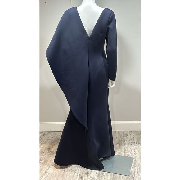 Badgley Mischka Navy Blue Asymmetric Ruffle Gown Size 2 - Picture 9 of 10